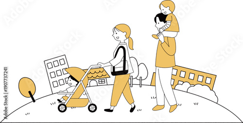 ベビーカーを押すお母さんと家族背景あり単色