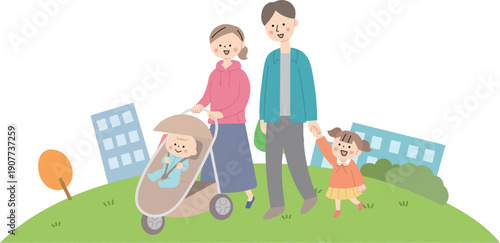 ベビーカーを押すお母さんと家族背景あり