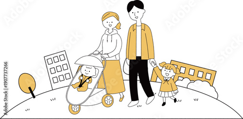 ベビーカーを押すお母さんと家族背景あり単色