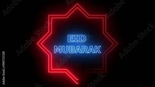 Neon Eid Mubarak Animation with Glowing Mosque Crescent Moon and Stars on Black Background for Ramadan Celebration