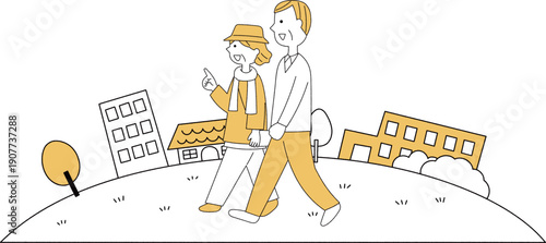 二人で歩くシニア夫婦と街並み単色