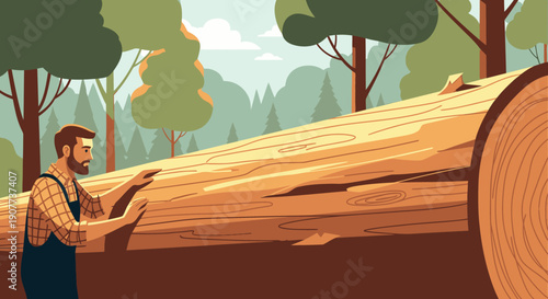 A skilled lumberjack in a plaid shirt carefully examines a massive felled tree trunk within a vibrant forest, symbolizing sustainable forestry practices.