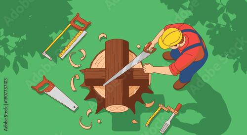 An overhead illustration depicts a worker in a hard hat sawing a wooden log, surrounded by hand tools and wood shavings on green ground.