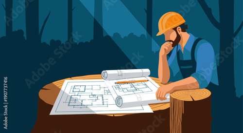 A thoughtful bearded construction worker in a hard hat carefully examines architectural blueprints on a rustic tree stump table, planning new builds.
