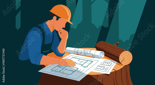 A diligent forester in a hard hat meticulously reviews detailed blueprints on a tree stump, strategically planning sustainable timber harvesting.