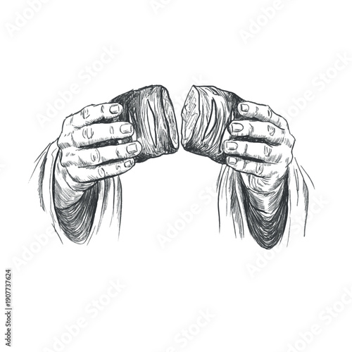 Hands breaking bread biblical illustration, symbolic Christian pencil sketch of two hands holding and breaking bread, representing communion, Eucharist, faith, sharing, sacrifice 