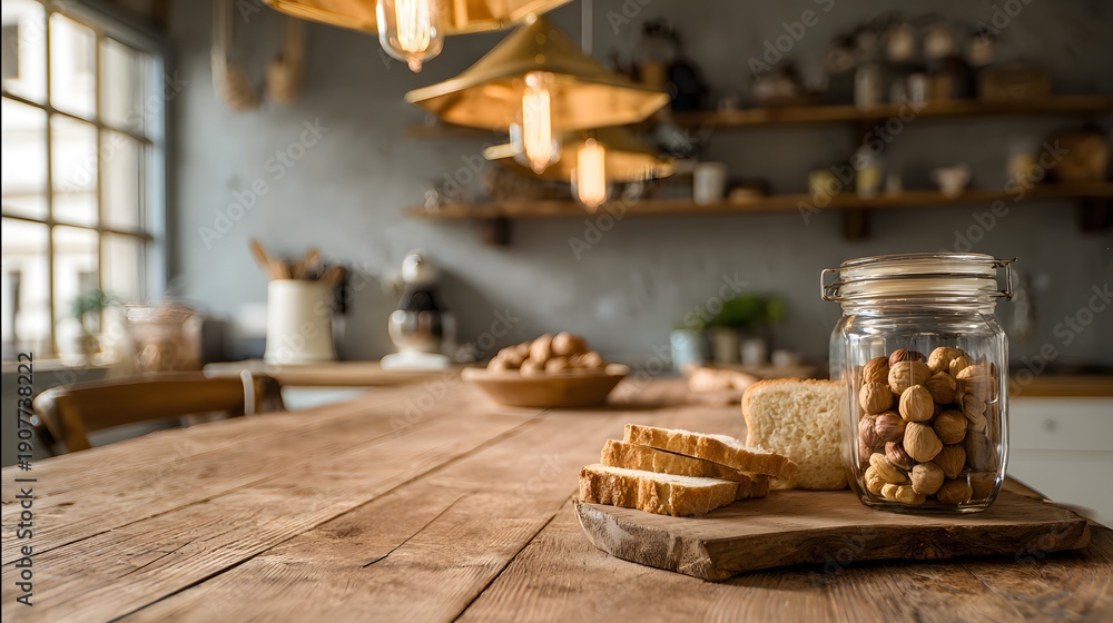 Obraz premium Rustic Kitchen Countertop with Jar of Hazelnuts and Sliced Bread.