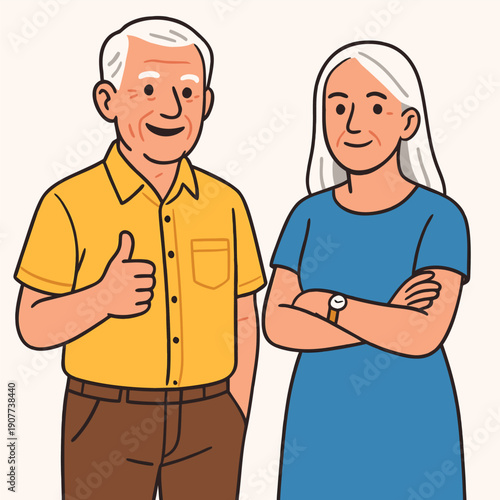 Happy elderly couple, a man giving a thumbs up and a woman with crossed arms, representing contentment and positive senior lifestyle.