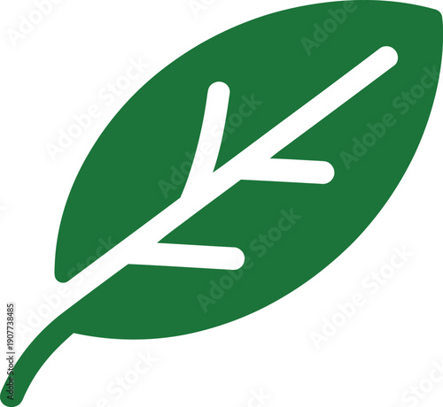 Simple solid green leaf icon with prominent white veins represents nature and organic plant life perfectly.