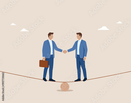 Two businessmen shaking hands on a tightrope balanced on a ball, representing partnership, risk, and equilibrium in deals.
