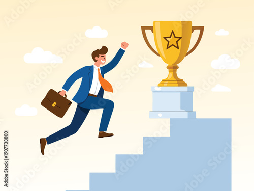 Businessman running up stairs towards a golden trophy, symbolizing career advancement, ambition, and reaching success.