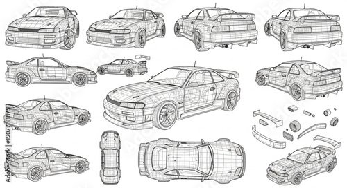 Car Designs Multiple Angles Technical Drawings.