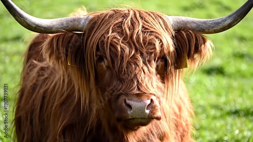 Wallpaper Mural Majestic Highland Cow with Shaggy Hair and Horns in Green Pasture. Torontodigital.ca
