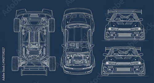 Car Blueprint Technical Drawing Views.