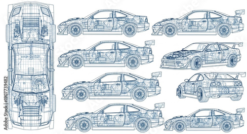 Car Blueprint Technical Drawings Multiple Views.