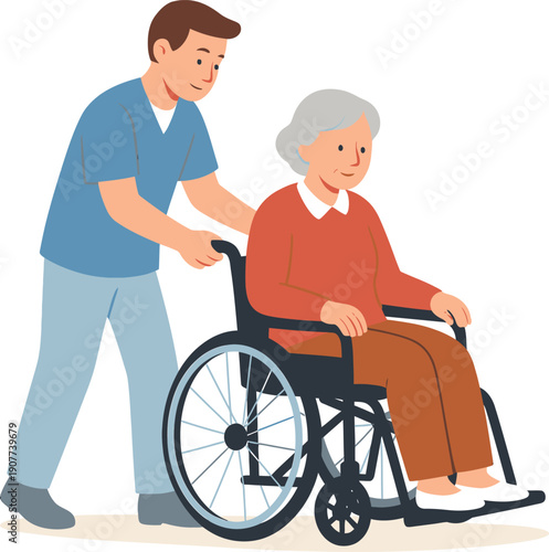 Caring male nurse pushing an elderly woman in a wheelchair, symbolizing healthcare, support, and elder care.