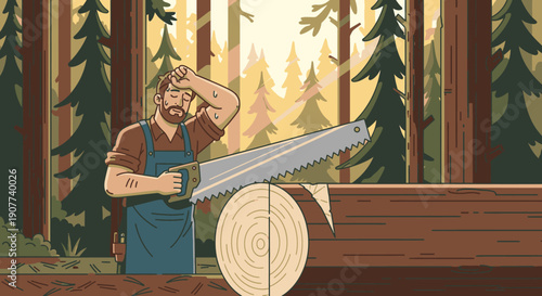 A weary lumberjack, covered in sweat, takes a moment to rest while diligently sawing through a thick log deep within a sun-dappled forest.