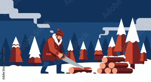 A determined lumberjack in a warm winter coat diligently saws through a fallen tree log amidst a serene, snow-covered forest landscape.
