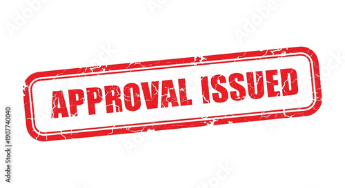 A rectangular red stamp with the words approval issued printed in white displayed against a plain white background high quality professional