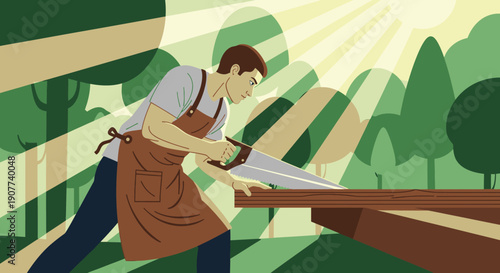 An industrious man wearing an apron carefully saws a piece of lumber, engaged in a hands-on woodworking project amidst a natural, sunlit environment.