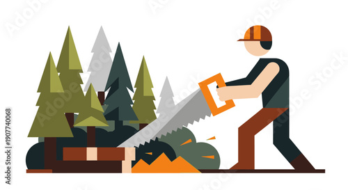 A determined logger, wearing protective gear, diligently fells a large tree with a traditional hand saw, symbolizing forestry operations and environmental impact.