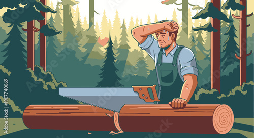 A weary lumberjack takes a moment to rest and wipe his brow while diligently sawing a large log in a dense, sunlit forest.