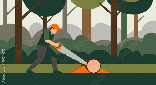 A dedicated lumberjack in a protective hard hat skillfully saws through a felled log amidst a lush forest, demonstrating sustainable forestry practices.