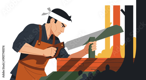 A dedicated craftsman, wearing a traditional headband and protective apron, meticulously saws a wooden plank, showcasing the precision and skill of woodworking.