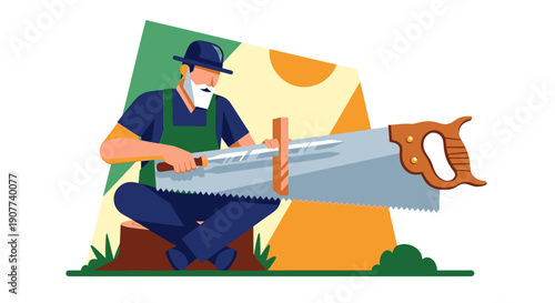 A bearded man in a hat and overalls diligently saws a wooden log with a large hand saw, illustrating traditional craftsmanship and manual labor.