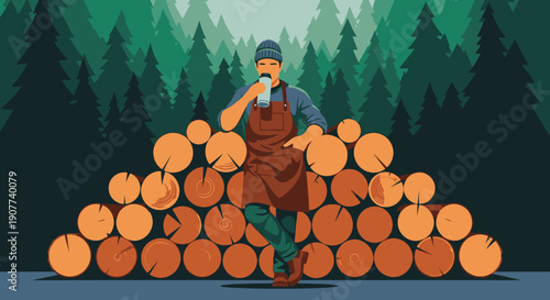 A lumberjack takes a well-deserved break, resting on a stack of freshly cut logs in a serene forest while enjoying a refreshing drink.