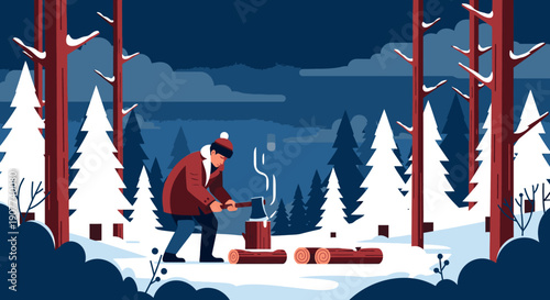 A person in a red winter jacket and hat is actively chopping logs with an axe amidst a tranquil, snow-covered forest landscape during a chilly evening.