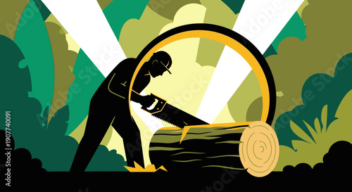 A dynamic graphic illustration features a determined lumberjack silhouette actively sawing a large wooden log within a stylized forest, representing sustainable forestry and manual labor.