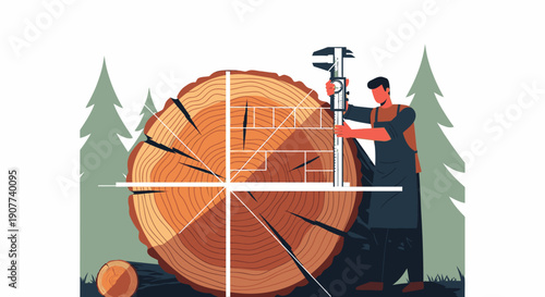 A skilled worker precisely measures a large timber log with a caliper, analyzing its growth rings and geometric patterns for efficient resource management.