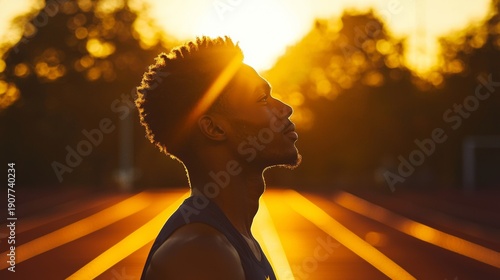 Runner stretches as the sun sets on the track during training in the evening