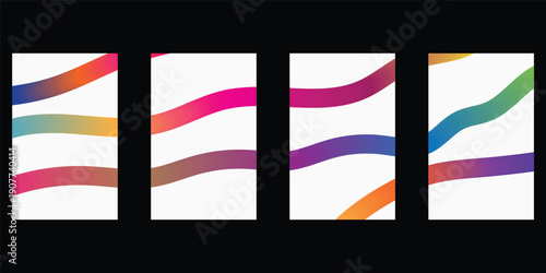 A series of four blurred panels featuring wavy multicolored lines on a white background separated by black borders