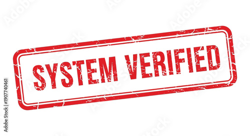 A rectangular distressed red stamp displays the word system verified in bold uppercase lettering against a white background high quality professional