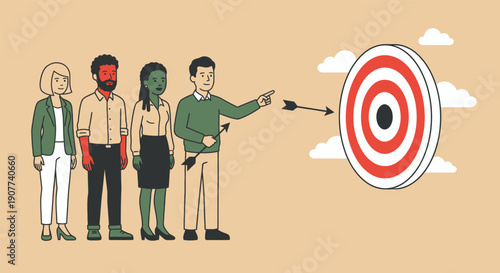 Diverse group of business people aiming towards a target with an arrow, representing focus, goals, and teamwork in achieving objectives.