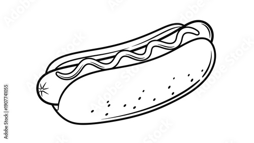 Classic hot dog in a soft bun with a wavy line of mustard on top, depicted in a simple black and white line art illustration for snack food menus.
