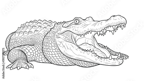 Highly detailed line art drawing of a large alligator with its jaws wide open, showcasing sharp teeth and intricate skin texture for education.