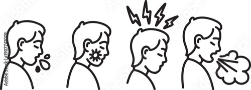 Respiratory illness symptoms icon set cough, infection, fever, sneezing medical vector illustration