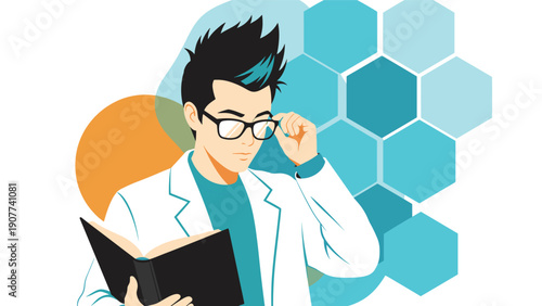 Smart young scientist with spiky hair and glasses reading a book against a colorful geometric background, representing study and research work.