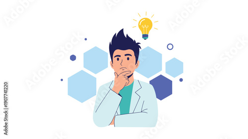 Medical professional in a lab coat thinking deeply with a glowing lightbulb above his head, symbolizing a major breakthrough or new diagnosis.