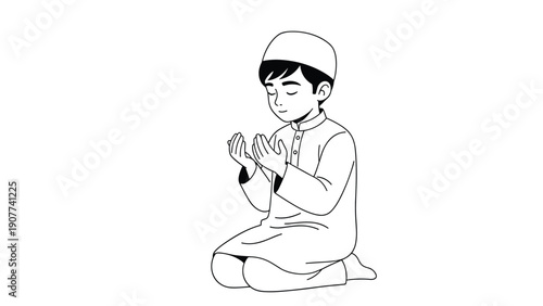 Young boy wearing a white cap kneeling in a peaceful prayer posture, illustrated in a clean line art style for religious education and hobby.