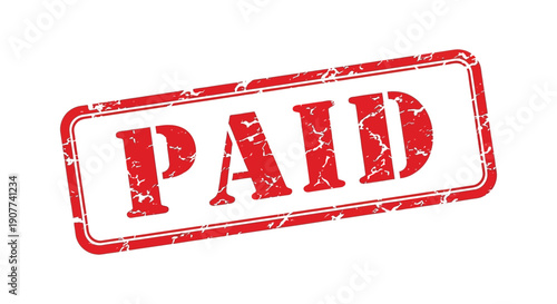 A distressed rectangular red stamp displays the word paid in bold white capital letters against a stark white background high quality