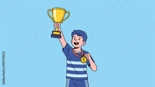 Excited young athlete holding a gold trophy high and wearing a first-place medal, celebrating his sports victory on a bright blue background.