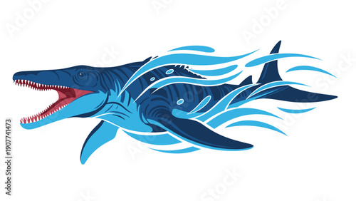 Massive Mosasaurus prehistoric marine reptile swimming through blue water waves with its mouth open, showcasing its powerful form and teeth art.