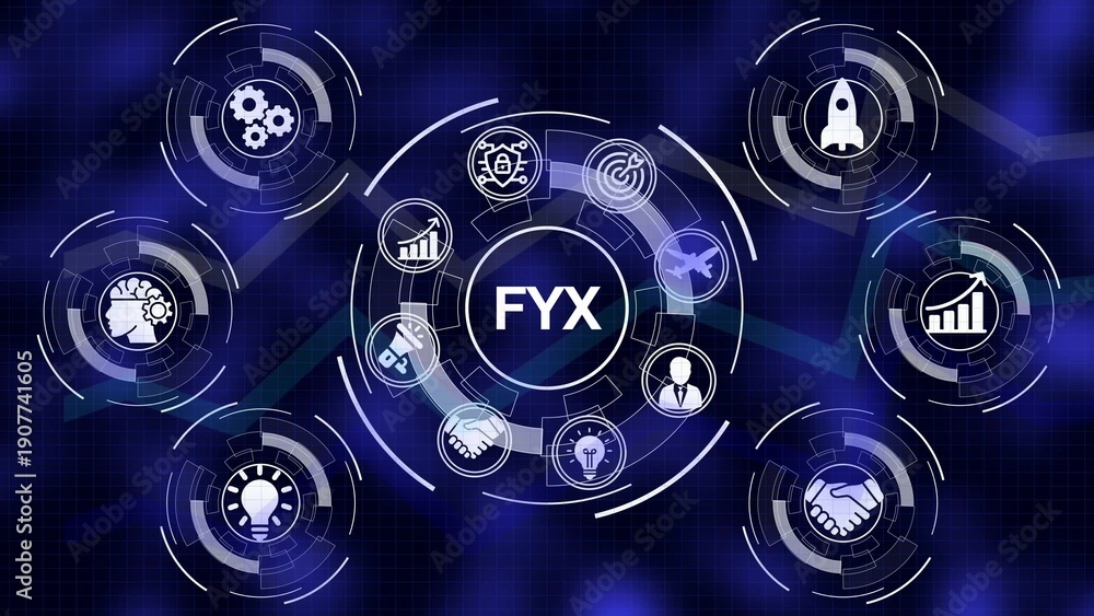 Obraz premium Digital Network Hub with FYX Symbol and Business Icons Representing Strategy and Growth technology