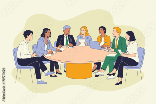 Business meeting around a large oval table with diverse professionals actively engaged in discussion and note-taking.