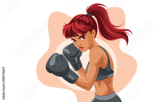 Focused female boxer with red hair in a fighting stance, wearing boxing gloves and sports bra, with an abstract background.