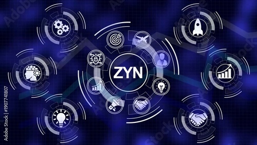 Wallpaper Mural Digital Network Hub ZYN with Business Icons and Futuristic HUD Elements on Dark Blue Background Torontodigital.ca